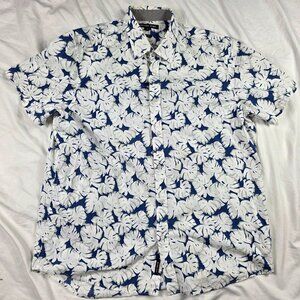 Michael Kors Classic Fit Mens XL White Blue Leaf Print Shirt Casual Aloha